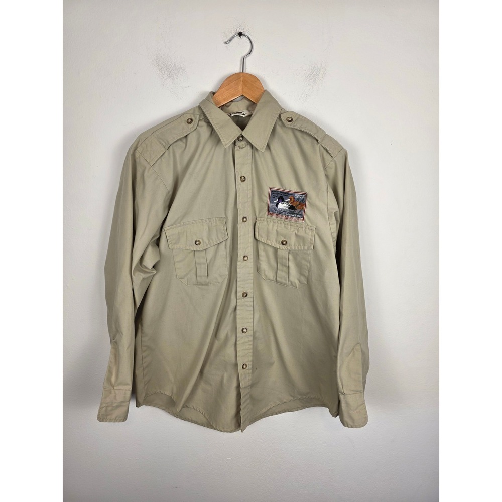 Duxbak‎ Mens Safari Hunting Shirt Tan Khaki Bird Conservation Stamp Patch Large